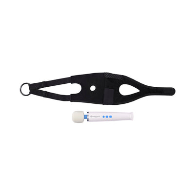 Black adjustable Sportsheets Pivot 2-in-1 Forced-O Strap with a white wand vibrator shown separately on a white background.