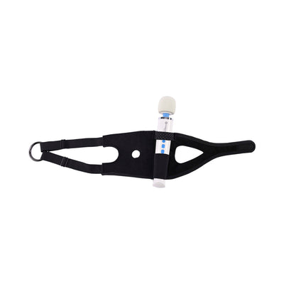 Black adjustable Sportsheets Pivot 2-in-1 Forced-O Strap with wand vibrator holder and anti-slip fabric.