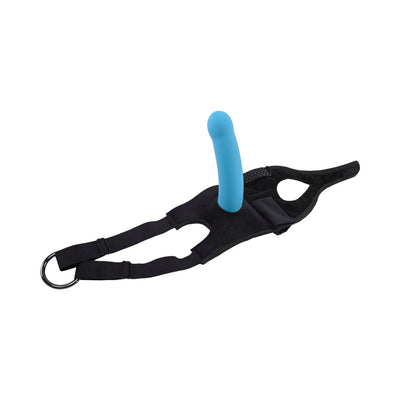 Black adjustable Sportsheets Pivot 2-in-1 Forced-O Strap with blue dildo attachment on white background.
