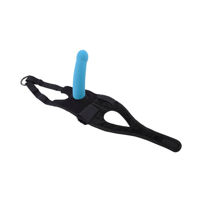 Black adjustable sports strap-on harness with a blue silicone dildo attached, designed for versatile use.