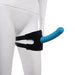 Black adjustable thigh strap-on harness with a blue curved dildo on a white mannequin.