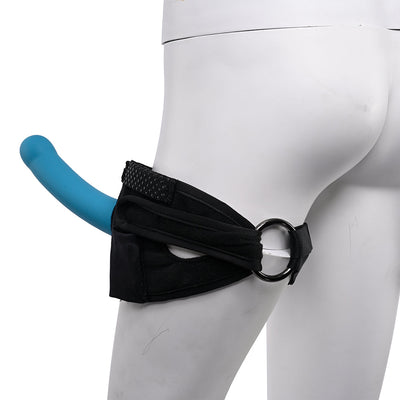 Black adjustable thigh strap with metal ring and blue silicone dildo on white mannequin hip.