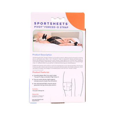 Packaging of Sportsheets Pivot Forced-O Strap showing product features and usage illustration with a model wearing the strap on a bed.