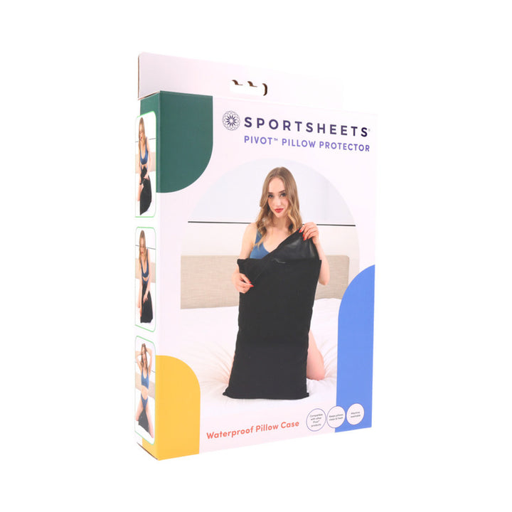 Packaging of Sportsheets Pivot Pillow Protector featuring a woman holding a black waterproof pillowcase on a bed.