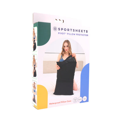 Packaging of Sportsheets Pivot Pillow Protector showing a woman holding a black waterproof pillowcase on a bed.