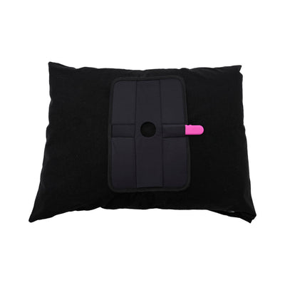 Black Sportsheets Pivot Pillow Protector with central strap and pink tab on a black pillow background.