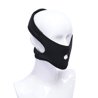 Black neoprene face strap-on harness displayed on a white mannequin head with adjustable hook and loop closures.
