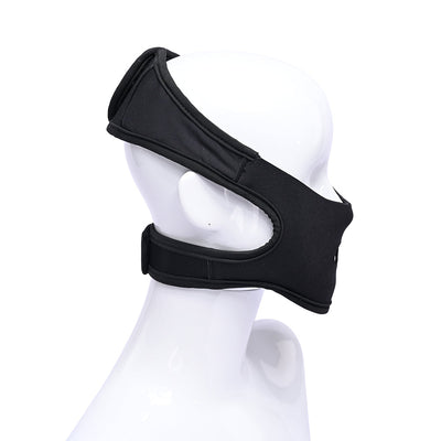 Black neoprene face strap-on harness displayed on a white mannequin head, showing adjustable hook and loop closures.