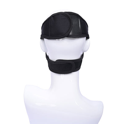 Black neoprene and mesh adjustable strap-on harness shown on a white mannequin head from the back.