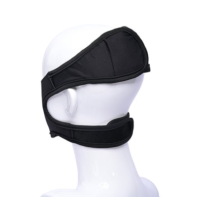 Black neoprene adjustable strap-on harness displayed on a white mannequin head.