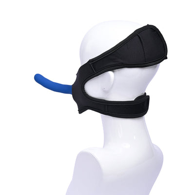 Black neoprene face strap-on with blue silicone attachment displayed on white mannequin head side view.