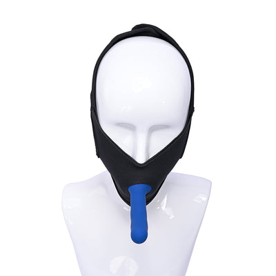 Black neoprene face strap-on with blue silicone attachment displayed on white mannequin head.