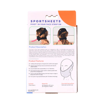 Packaging back of Sportsheets Pivot In Your Face Strap On with product images, description, features, materials, and care instructions.