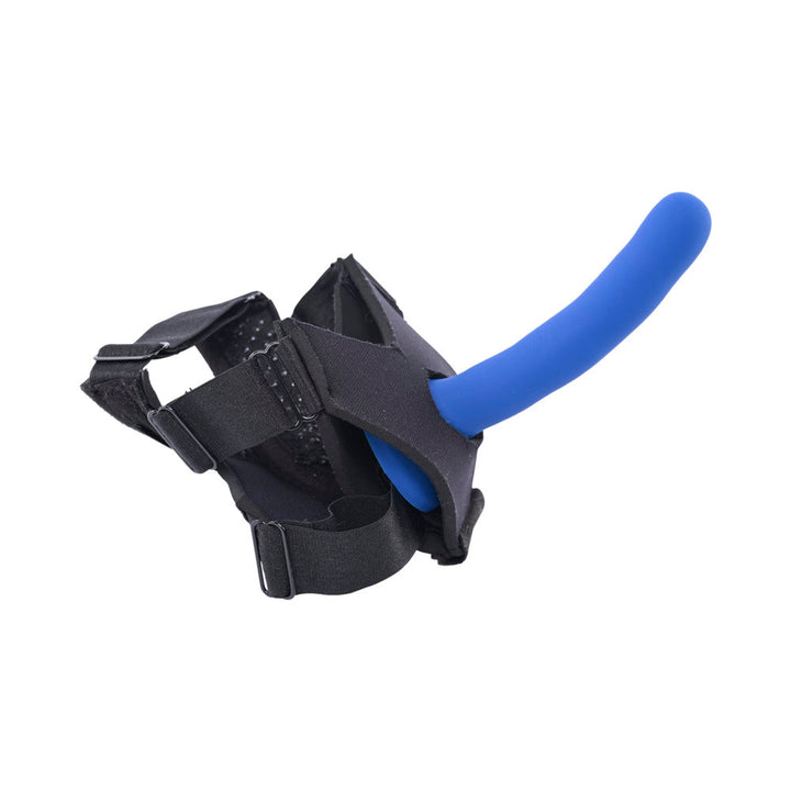 Black neoprene adjustable foot strap harness with a blue silicone insertable attachment.