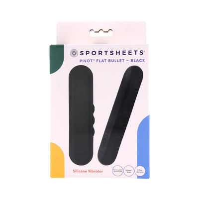 Packaging of Sportsheets Pivot Flat Bullet silicone vibrator in black with product images and key features highlighted.