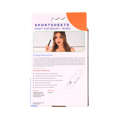 Packaging of Sportsheets Pivot Flat Bullet in black with product details and features listed on the back.