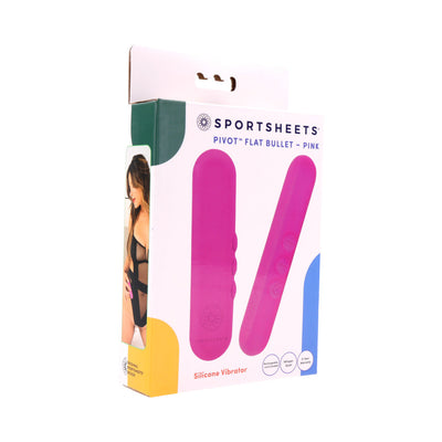 Packaging of the Sportsheets Pivot Flat Bullet silicone vibrator in pink, showing the product and key features on the box.