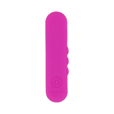 Compact pink silicone bullet vibrator with three side buttons and floral logo by Sportsheets