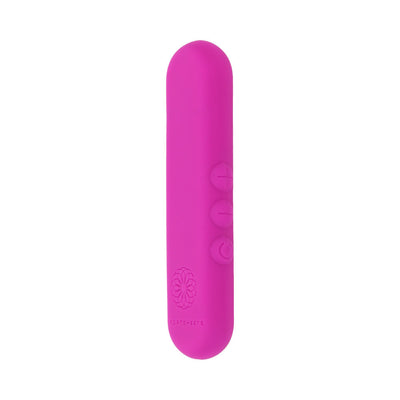 Compact pink silicone bullet vibrator with three control buttons and smooth rounded tip.