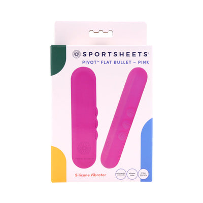 Packaging of Sportsheets Pivot Flat Bullet vibrator in pink, showing front and side views with control buttons and product features.