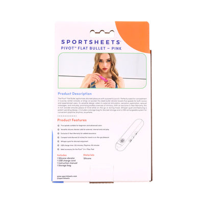 Packaging back of Sportsheets Pivot Flat Bullet in pink with product description, features, and illustration.
