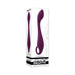 Burgundy silicone Lochness G rechargeable vibrator with curved shaft and ring handle shown next to its white packaging box.