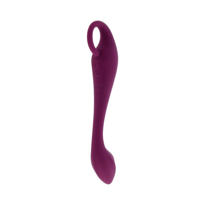 Burgundy silicone Lochness G rechargeable vibrator with curved shaft and ring handle for easy grip.