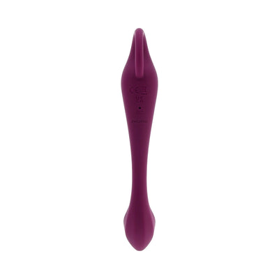 Burgundy silicone Lochness G rechargeable vibrator with ergonomic curved design and ring handle.