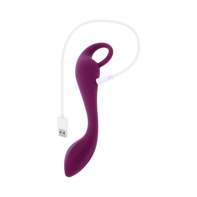 Burgundy silicone Lochness G rechargeable vibrator with USB charging cable attached, featuring ergonomic curved design and ring handle.