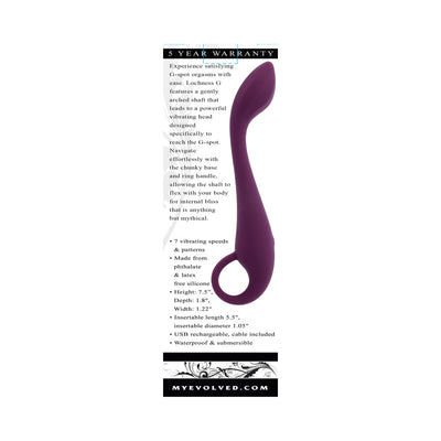 Burgundy silicone Lochness G vibrator with curved shaft and ring handle, featuring 7 vibration modes and USB rechargeable design.
