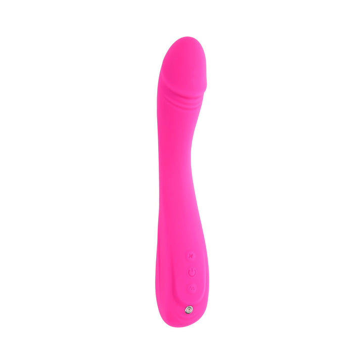 Pink silicone rechargeable vibrator with curved shaft and textured handle, featuring control buttons and magnetic charging port.