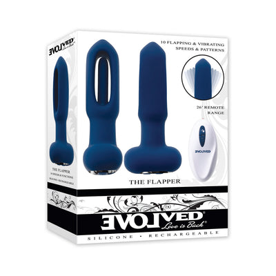 Blue silicone rechargeable vibrator with remote control shown on product packaging for Evolved The Flapper.