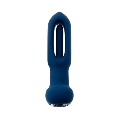 Blue silicone rechargeable vibrator with a hollow center and rounded base, designed for versatile stimulation.