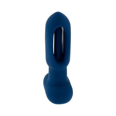 Blue silicone rechargeable vibrator with hollow center and rounded tip, standing upright on a white background.