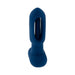 Blue silicone rechargeable vibrator with hollow center and rounded tip, standing upright on a white background.