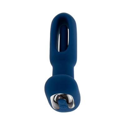 Blue silicone rechargeable vibrator with a hollow peak-a-boo shaft and control buttons on the rounded base.
