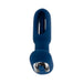 Blue silicone rechargeable vibrator with a hollow peak-a-boo shaft and control buttons on the rounded base.