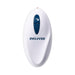 White oval remote control with blue buttons and Evolved logo for rechargeable vibrator