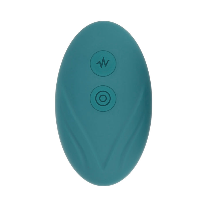 Teal oval-shaped silicone remote control with two buttons for the Evolved Oval Office vibrating egg.