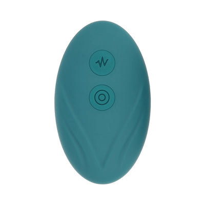 Teal oval-shaped silicone remote control with two buttons for the Evolved Oval Office vibrating egg.