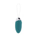 Teal silicone rechargeable vibrating egg with silver top and white retrieval cord against white background.