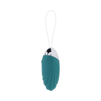 Teal silicone rechargeable vibrating egg with a white retrieval cord and silver accent, designed for discreet pleasure.