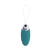 Teal silicone oval vibrating egg with silver top and white retrieval cord against white background.