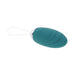 Teal silicone oval vibrating egg with textured surface and white retrieval cord on white background.