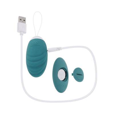 Teal silicone rechargeable vibrating egg with remote control and USB charging cable on white background.