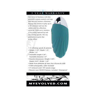 Teal silicone oval vibrating egg with remote control, featuring a gently tapered tip and textured design, shown with product details.