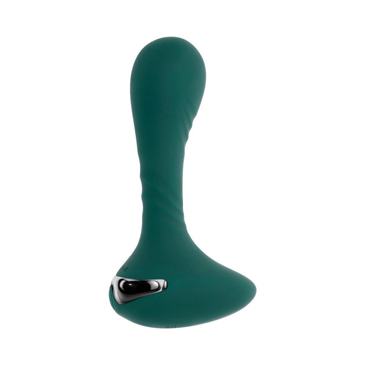 Teal silicone ergonomic vibrating anal plug with curved base and metallic control button.