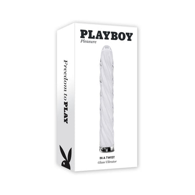 Packaging box of Playboy In A Twist rechargeable white glass vibrator with spiral texture and silver base.