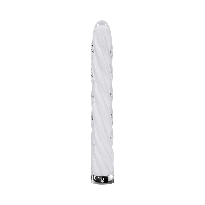 White glass vibrator with spiral texture and silver base featuring a subtle Playboy logo.