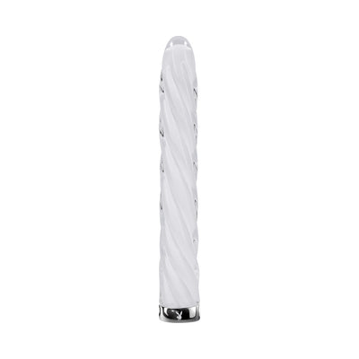 White glass vibrator with spiral texture and silver base featuring a subtle Playboy logo.
